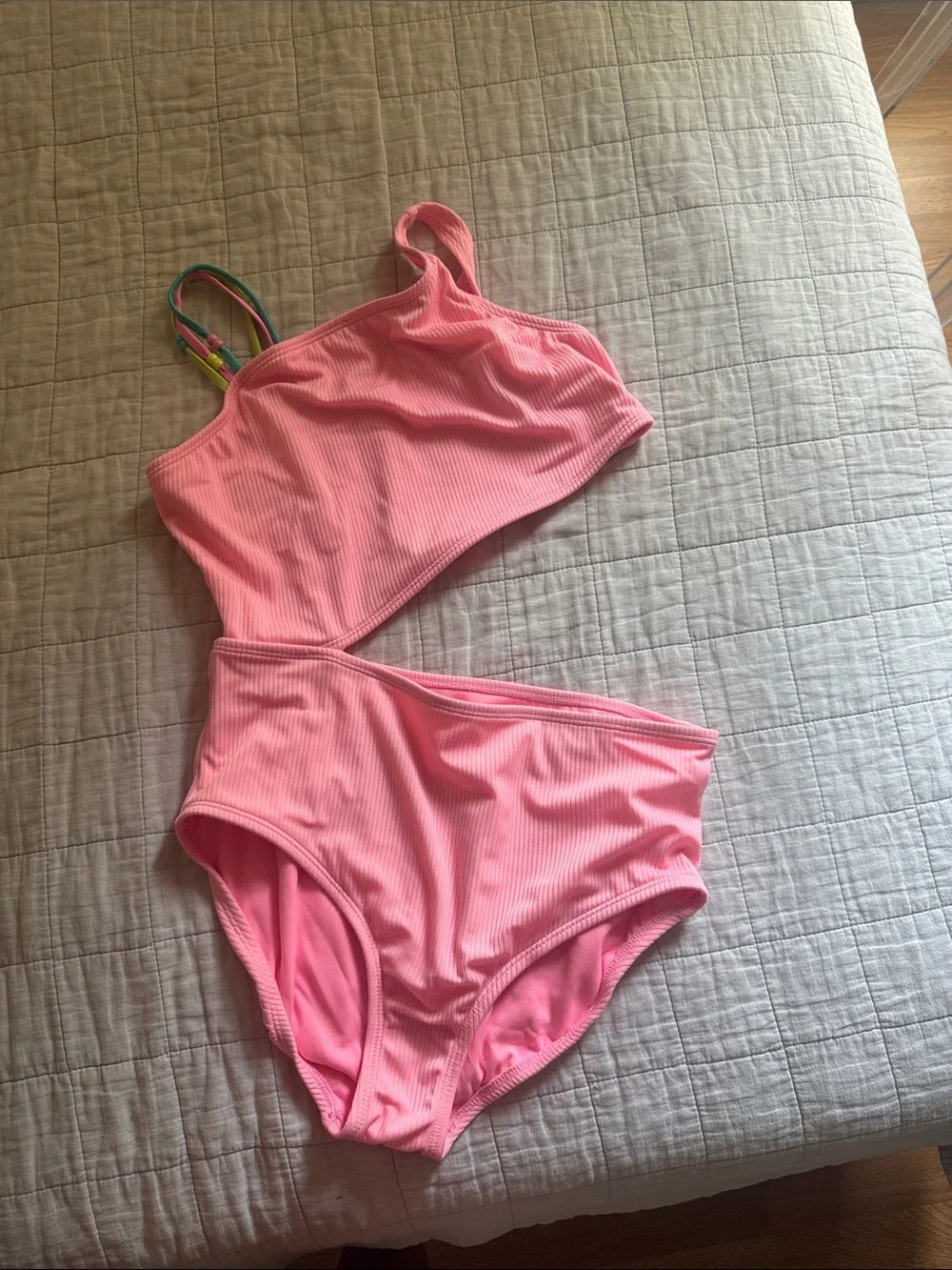 art class Pink Ribbed One-Piece Cutout Swimsuit with Multicolor Straps